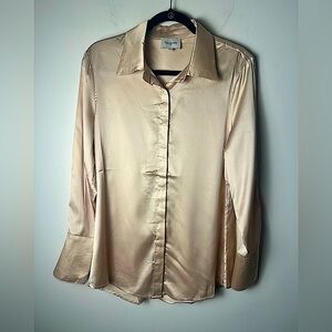 CHOKLATE PARIS Women’s Timelessly Romantic Minimalist Satin Tan Blouse Sz Medium